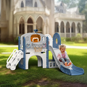 XJD 8-in-1 Kids Slide with Climber with Basketball Hoop, Tunnel, Telescope and Storage Space, Freestanding Indoor/Outdoor Toddler Play Set, Blue