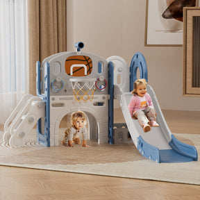 XJD 8-in-1 Kids Slide with Climber with Basketball Hoop, Tunnel, Telescope and Storage Space, Freestanding Indoor/Outdoor Toddler Play Set, Blue