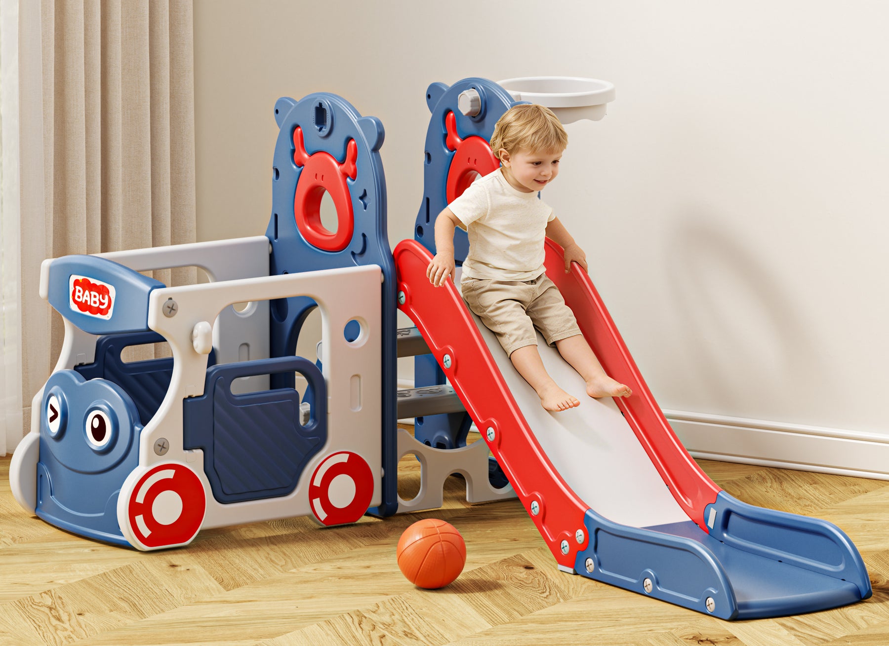 KORIMEFA 6-IN-1 Toddler Slide Set for kids Age 1-4, Bus-Themed Climber Indoor Outdoor Playset with Slide, Basketball Hoop, Climber, Wheel