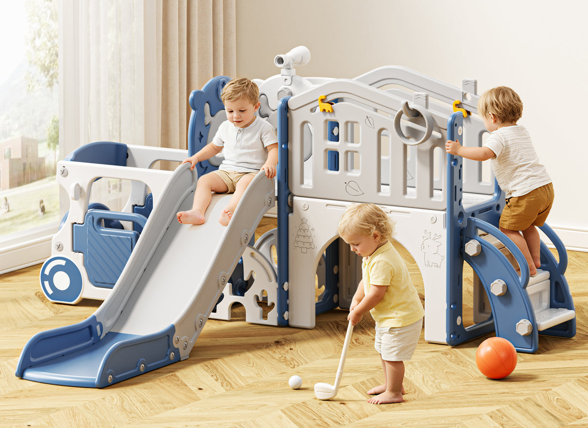 KORIMEFA 9-IN-1 Toddler Slide Set for kids Age 1-5, Bus-Themed Climber Indoor Outdoor Playset with Slide, Golf, Basketball Hoop, Climber, Wheel