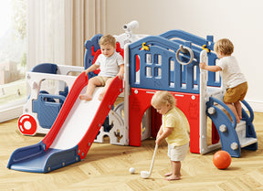 KORIMEFA 9-IN-1 Toddler Slide Set for kids Age 1-5, Bus-Themed Climber Indoor Outdoor Playset with Slide, Golf, Basketball Hoop, Climber, Wheel