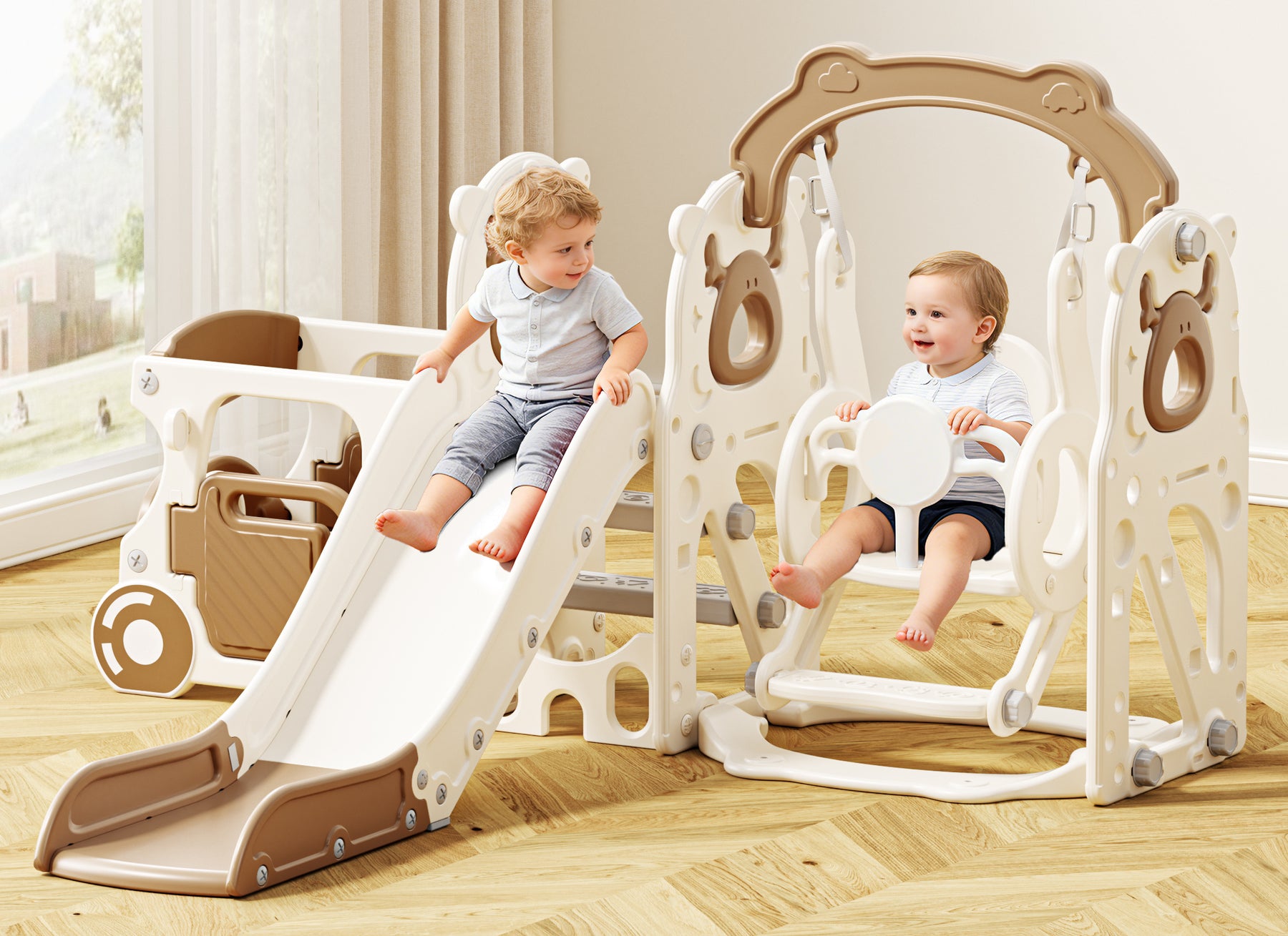 KORIMEFA 8-IN-1 Toddler Slide and Swing Set, Indoor Outdoor Playset for Kids Age 1-5, Bus-Themed Climber Slide, Swing, Wheel