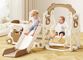 KORIMEFA 8-IN-1 Toddler Slide and Swing Set, Indoor Outdoor Playset for Kids Age 1-5, Bus-Themed Climber Slide, Swing, Wheel