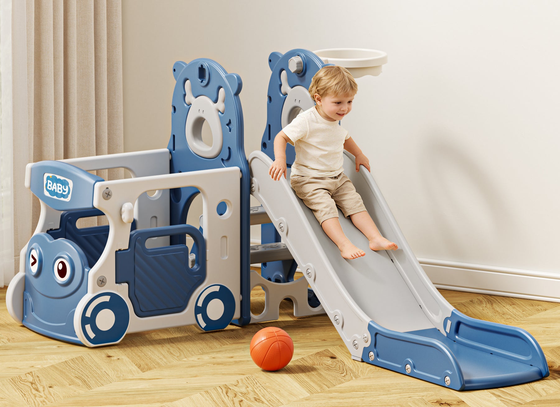 KORIMEFA 6-IN-1 Toddler Slide Set for kids Age 1-4, Bus-Themed Climber Indoor Outdoor Playset with Slide, Basketball Hoop, Climber, Wheel