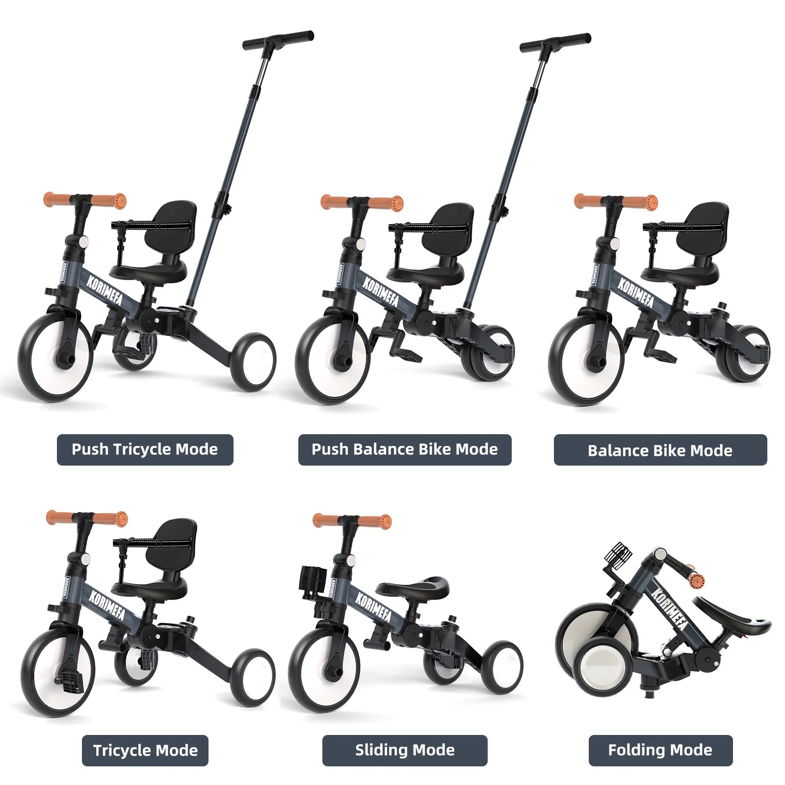 KORIMEFA Toddler Bike, 5-in-1 Folding Toddler Tricycle for 1-6 Year Old with Push Handle, Balance Bike with Removable Pedal,Backrest, Adjustable Seat Height and Handle, First Birthday Gifts,Black