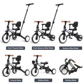 KORIMEFA Toddler Bike, 5-in-1 Folding Toddler Tricycle for 1-6 Year Old with Push Handle, Balance Bike with Removable Pedal,Backrest, Adjustable Seat Height and Handle, First Birthday Gifts,Black