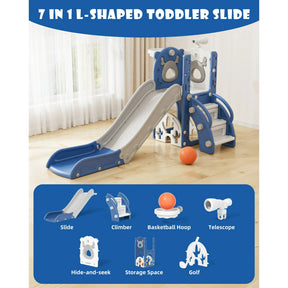 KORIMEFA 7-in-1 Toddler Slide, Outdoor Indoor Playset Slide for Kids Age 1-3 with Golf, Basketball Hoop, Baby Playground Climber Toys, Blue