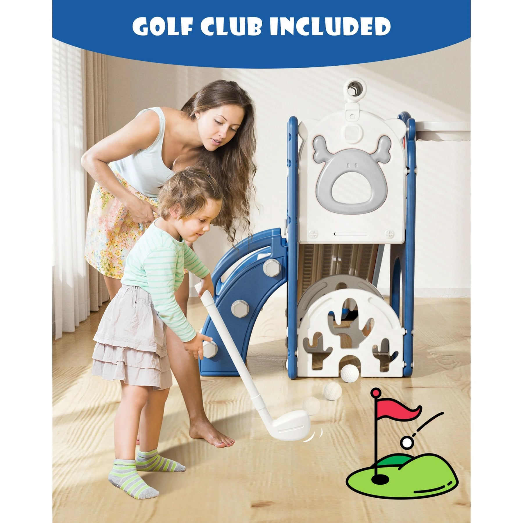 KORIMEFA 7-in-1 Toddler Slide, Outdoor Indoor Playset Slide for Kids Age 1-3 with Golf, Basketball Hoop, Baby Playground Climber Toys, Blue