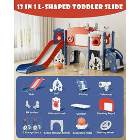 KORIMEFA 13 in 1 Toddler Slide Set, Kids Slide for baby Age 1-4, New Upgrade with Golf Set, Basketball Hoop, Drawing Board for Indoor Outdoor Playset,Toddler Playground,Blue
