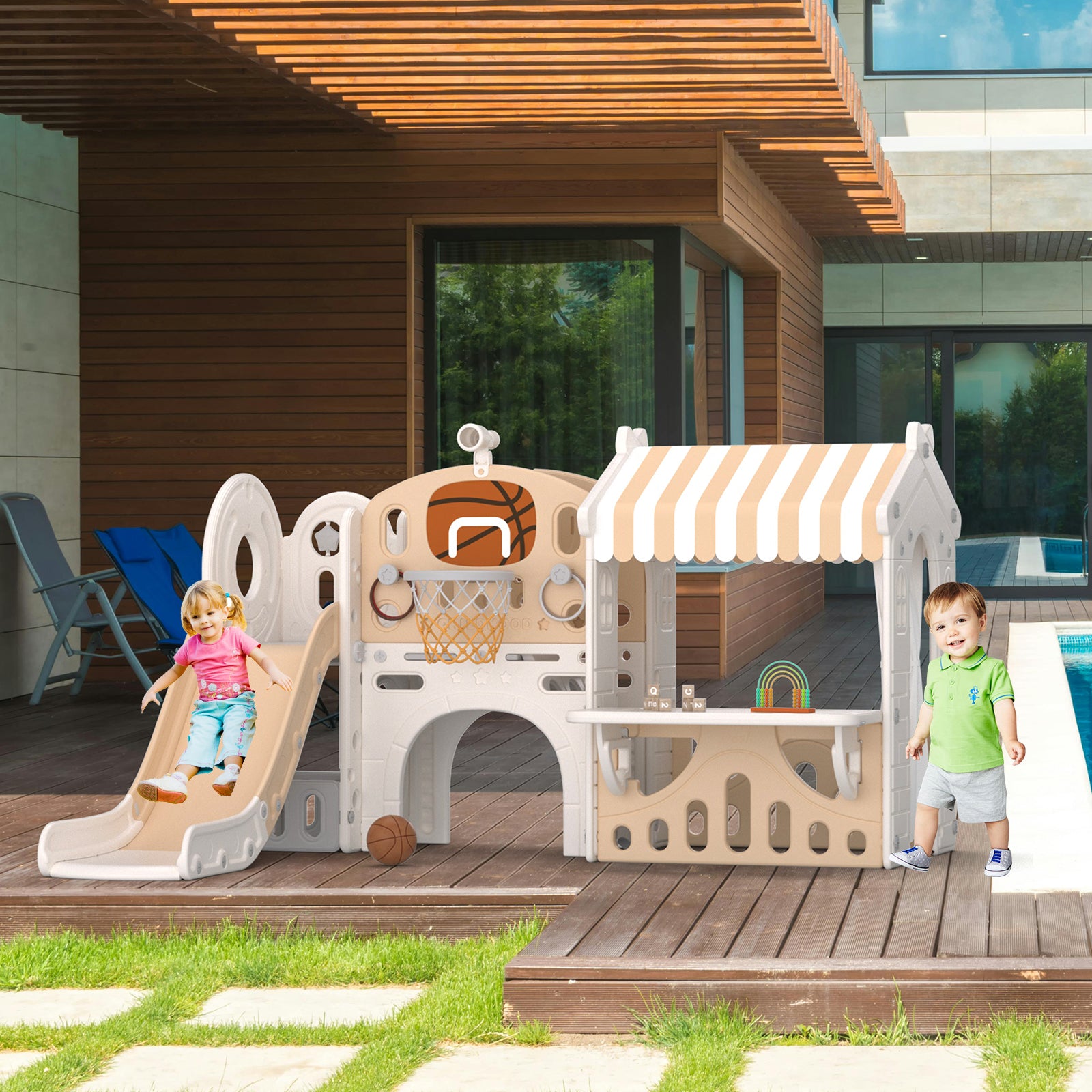 Pre-sale, XJD 10 in 1 Toddler Slide with house Indoor and Outdoor Plastic Freestanding Slide, Coffee