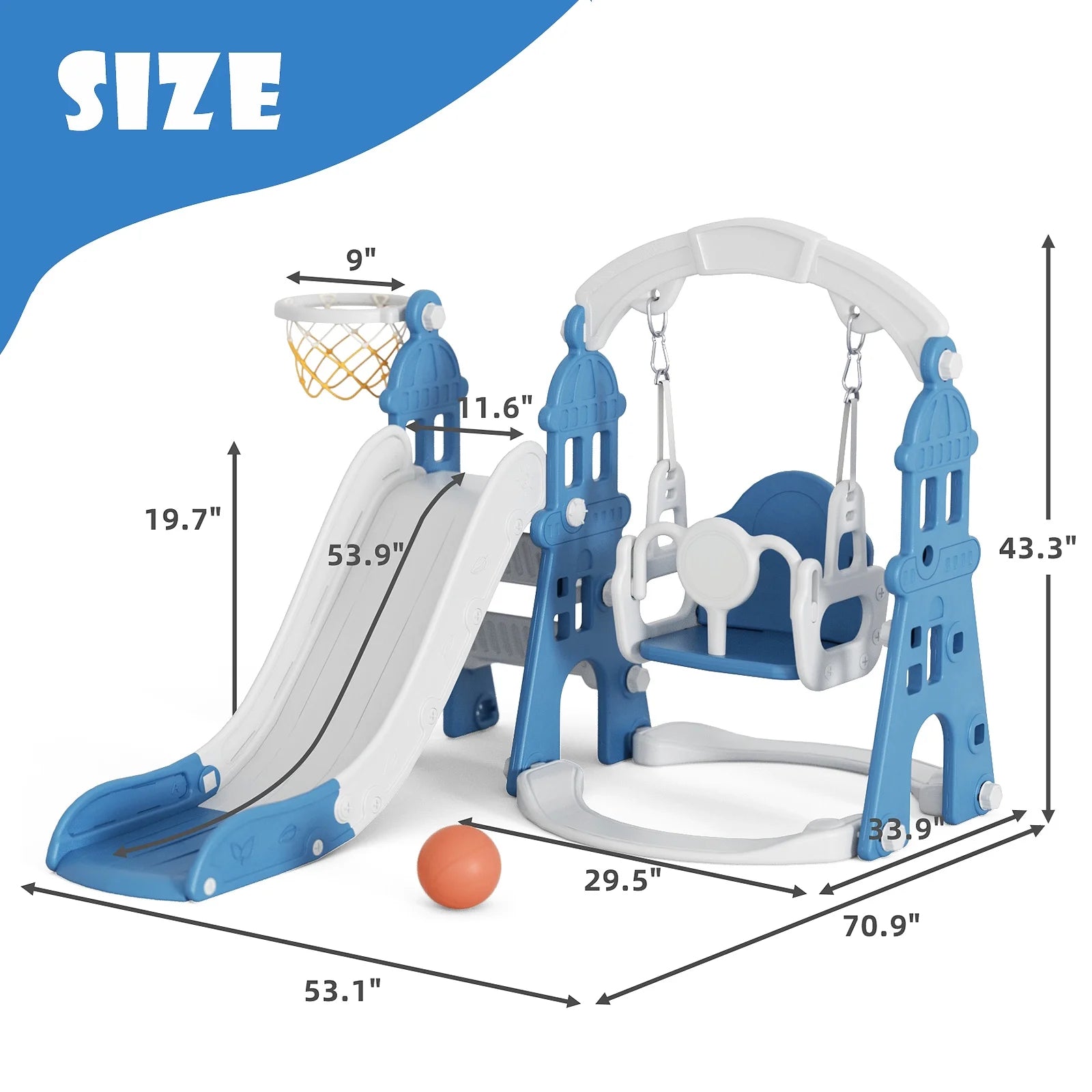 KORIMEFA 4-in-1 Kids Slide and Swing Set - Perfect for Toddlers 1-4 Years - Extra-Large Indoor and Outdoor Playground - Includes Slide, Swing, Basketball Hoop, and Climber