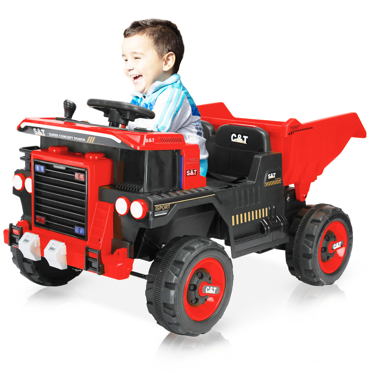 XJD 12V Kids Ride On Truck Car w/Parent Remote Control, Spring Suspension, LED Lights, USB Port, Bluetooth - Red