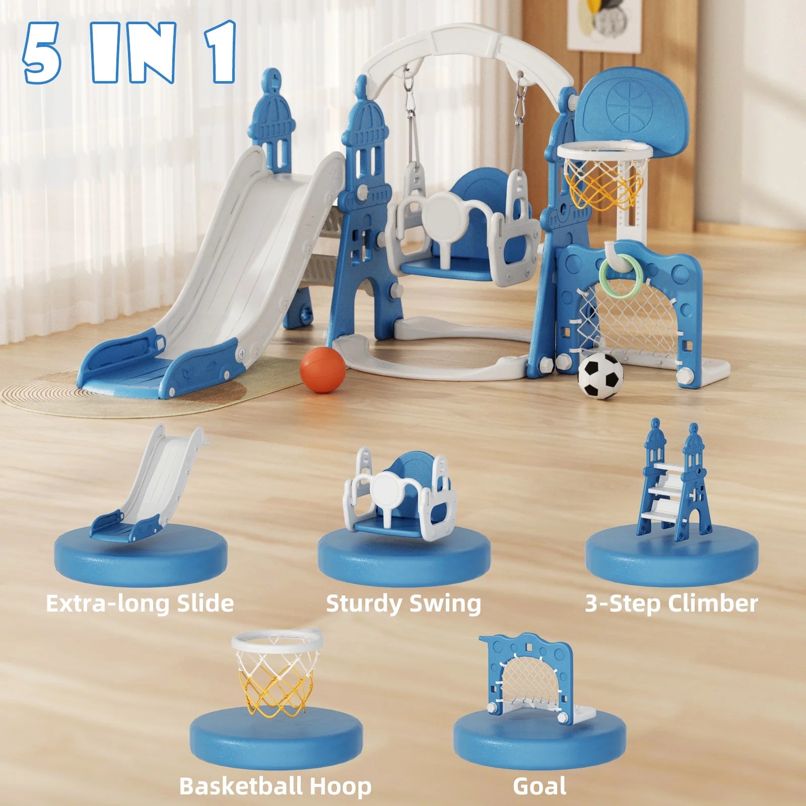 KORIMEFA 6-in-1 Kids Slide and Swing Set - Perfect for Toddlers 1-6 Years - Indoor and Outdoor Playground Slide, Swing, Basketball Hoop, and Climber Toy