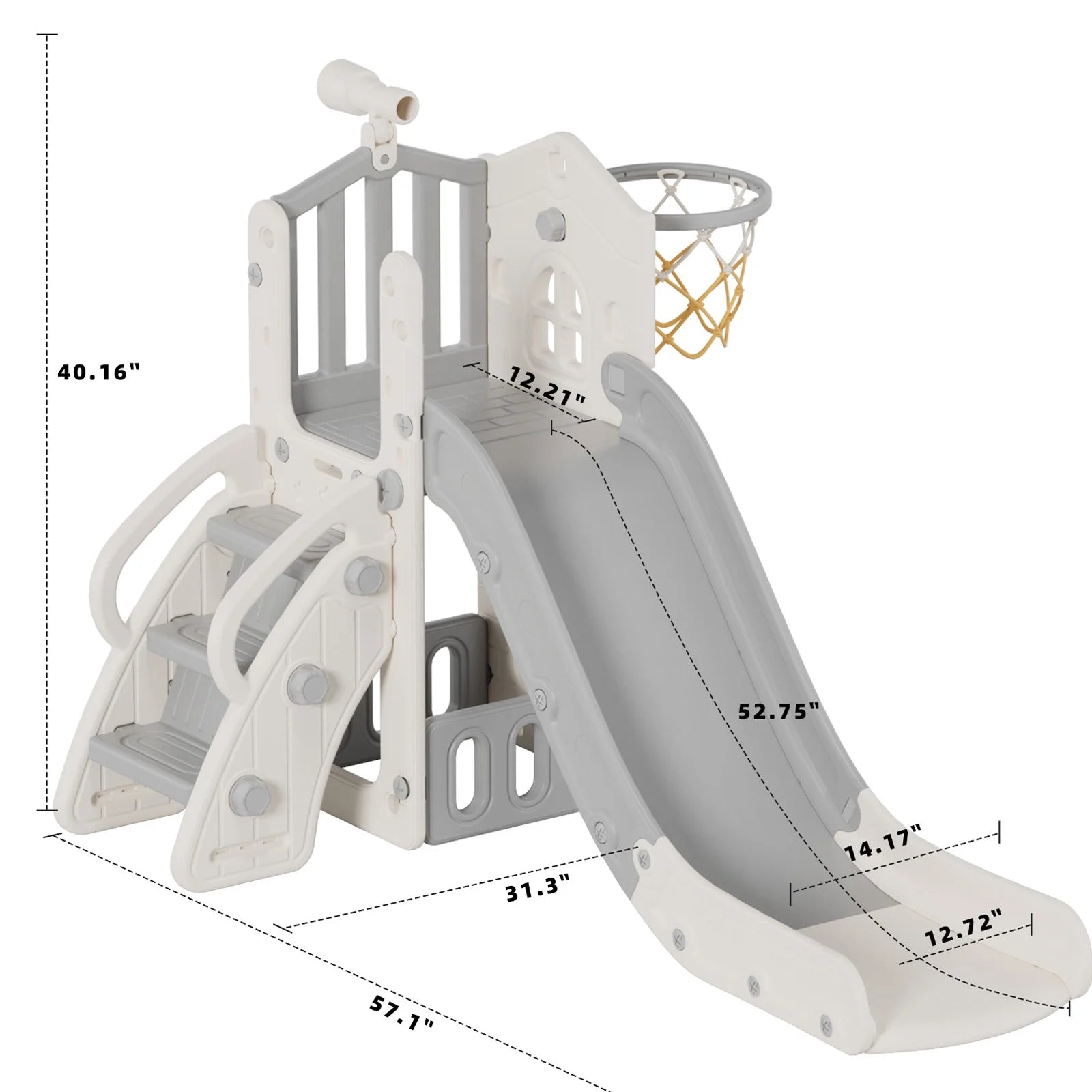 KORIMEFA 6-in-1 Toddler Slide for Age 1-3, L-Shaped Kids Slide with Basketball Hoop and Telescope, Outdoor and Indoor Playground Climber Playset Toys, Blue Gray