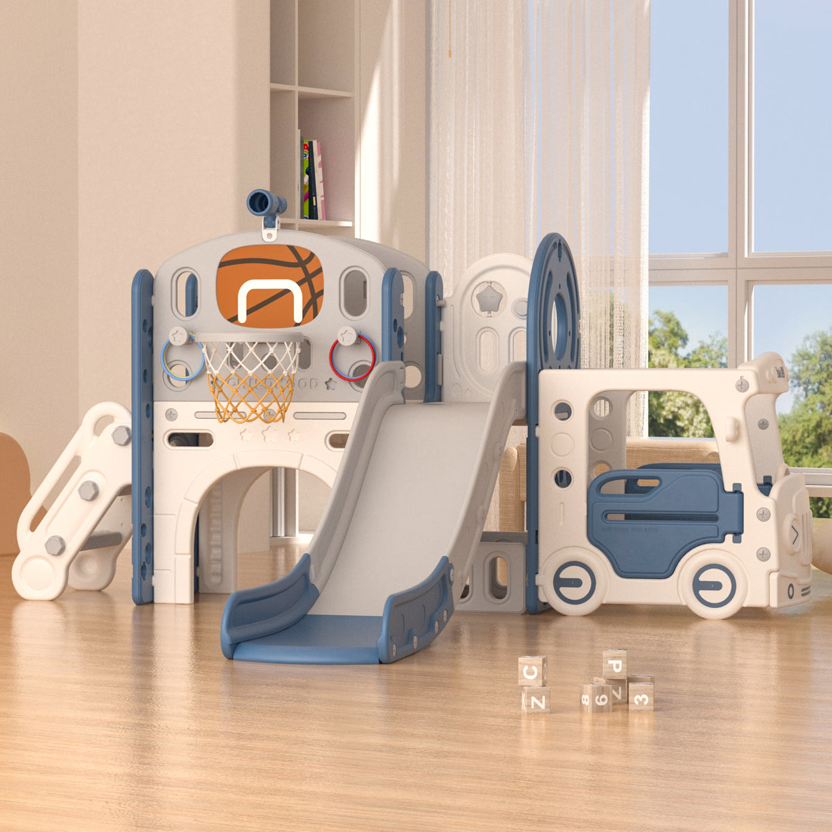 XJD 10-in-1 Toddler Slide Set Freestanding Climber Playset with Basketball Hoop and Ball Versatile Playset for Kids, Blue Grey