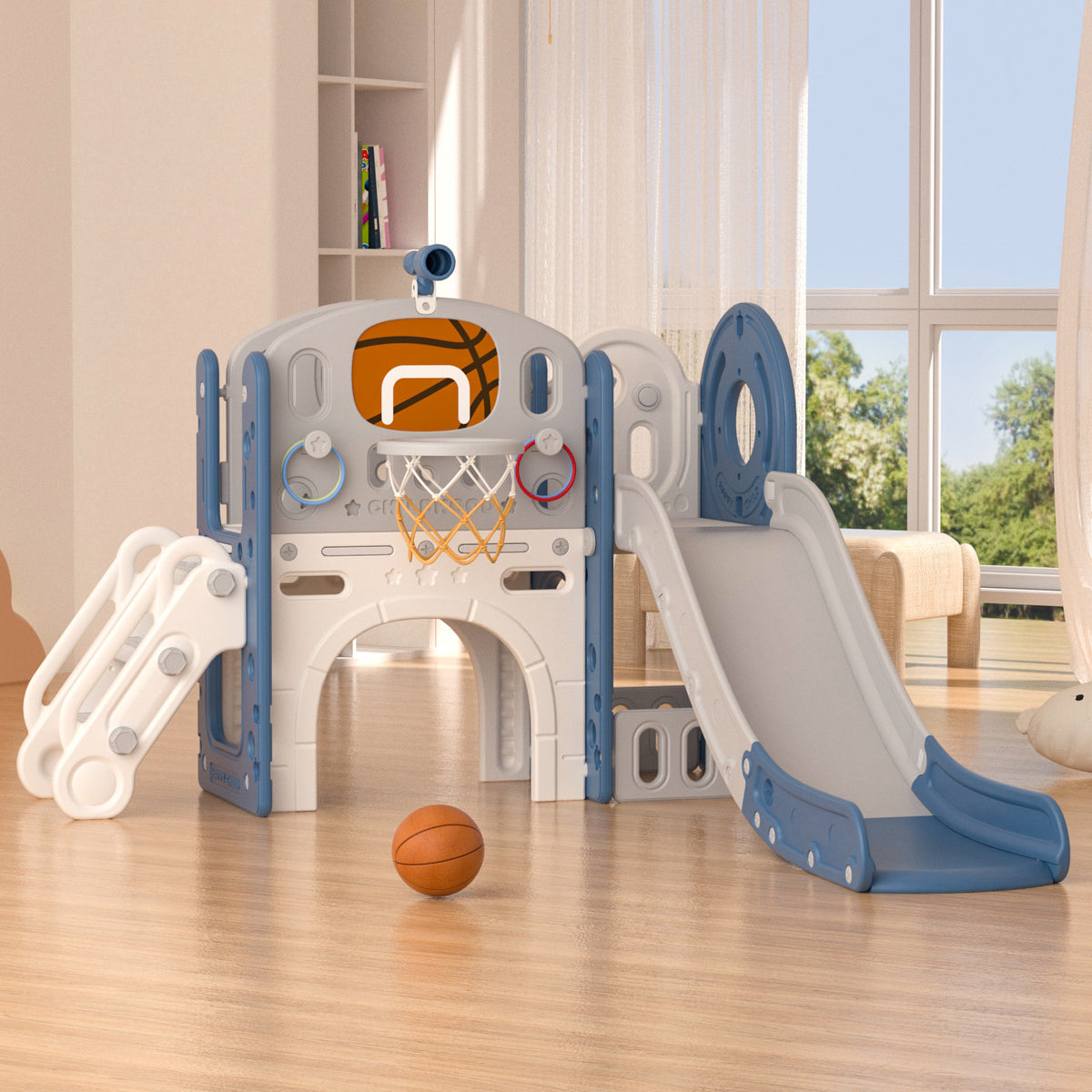 XJD 8-in-1 Kids Slide with Climber with Basketball Hoop, Tunnel, Telescope and Storage Space, Freestanding Indoor/Outdoor Toddler Play Set, Blue