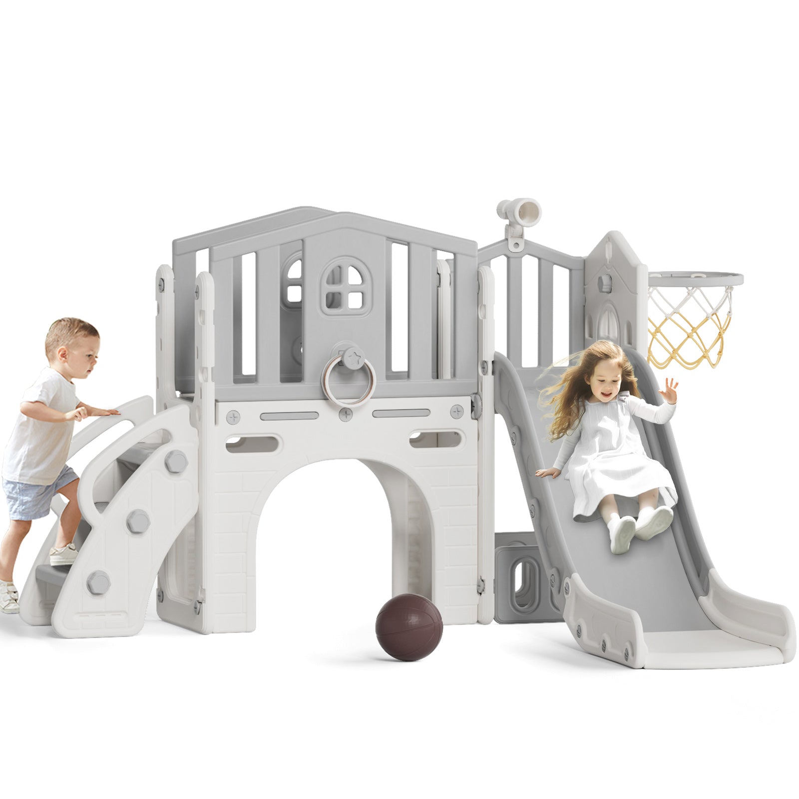 Pre-sale, XJD 8 in 1 Toddler Slide Set  Climber Slide for Age 1-3, Outdoor Indoor Playset with Basketball Hoop, Telescope, and Storage Space, Gray/Grey