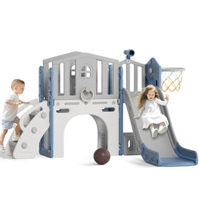 Pre-sale, XJD 8 in 1 Toddler Slide Set  Climber Slide for Age 1-3, Outdoor Indoor Playset with Basketball Hoop, Telescope, and Storage Space, Blue/Grey