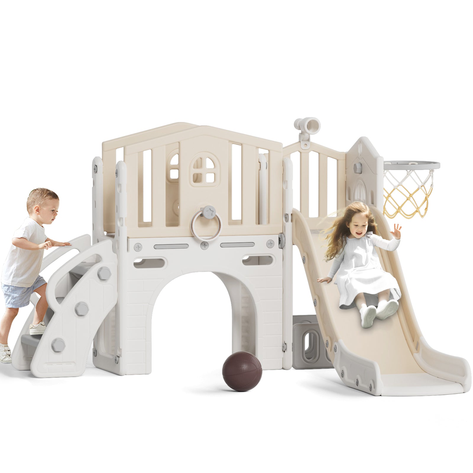 Pre-sale, XJD 8 in 1 Toddler Slide Set  Climber Slide for Age 1-3, Outdoor Indoor Playset with Basketball Hoop, Telescope, and Storage Space, Coffee/Beige