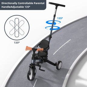 KORIMEFA Toddler Bike, 5-in-1 Folding Toddler Tricycle for 1-6 Year Old with Push Handle, Balance Bike with Removable Pedal,Backrest, Adjustable Seat Height and Handle, First Birthday Gifts,Black