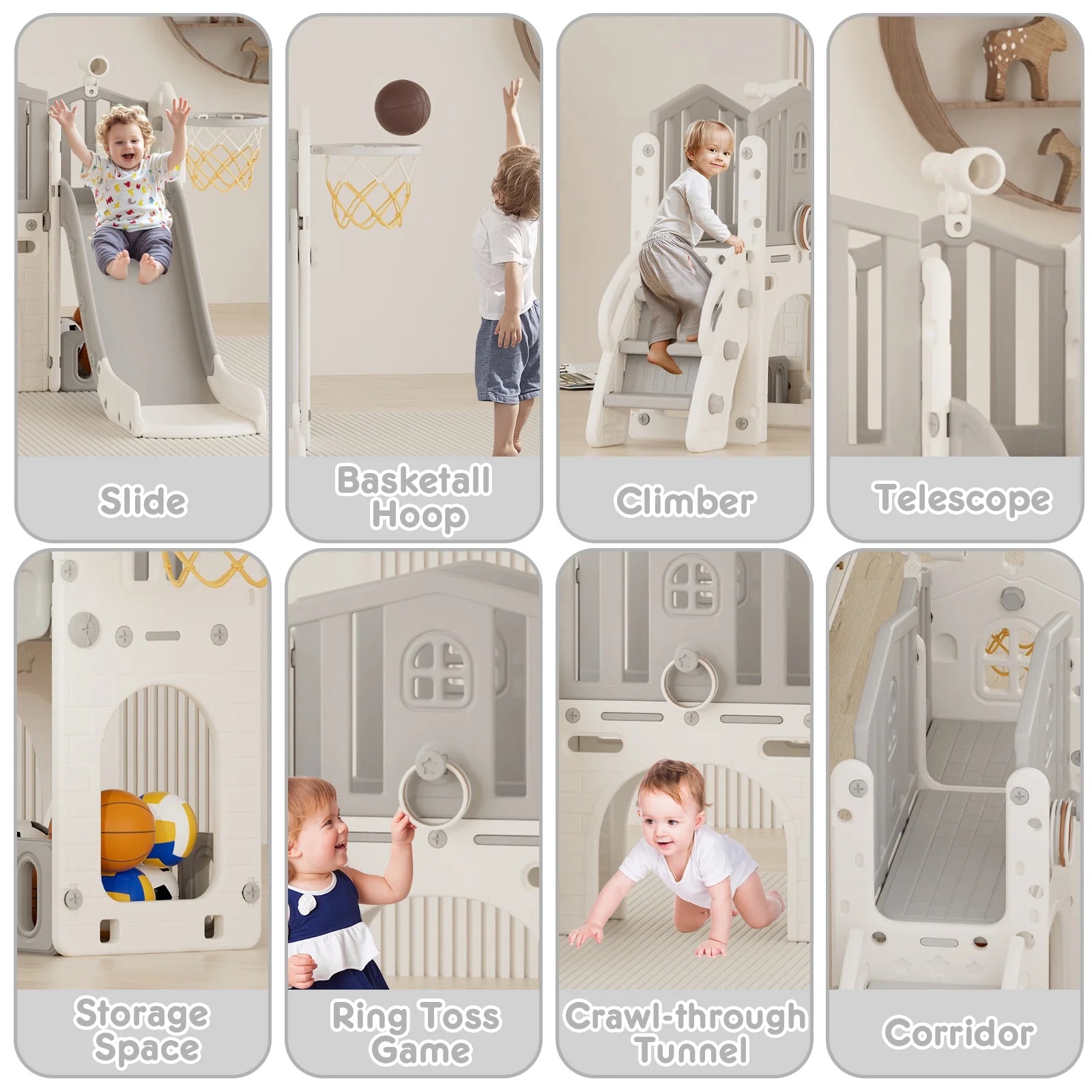 KORIMEFA 7 in 1 Kids Slide Set with Climber, Toddler Climber Slide Play Set with Basketball Hoop, Tunnel, Toddler Playground Outdoor Indoor layground Slide Playset Age 1+