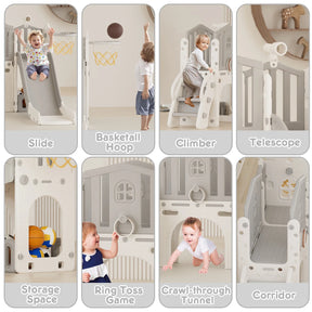 KORIMEFA 7 in 1 Kids Slide Set with Climber, Toddler Climber Slide Play Set with Basketball Hoop, Tunnel, Toddler Playground Outdoor Indoor layground Slide Playset Age 1+