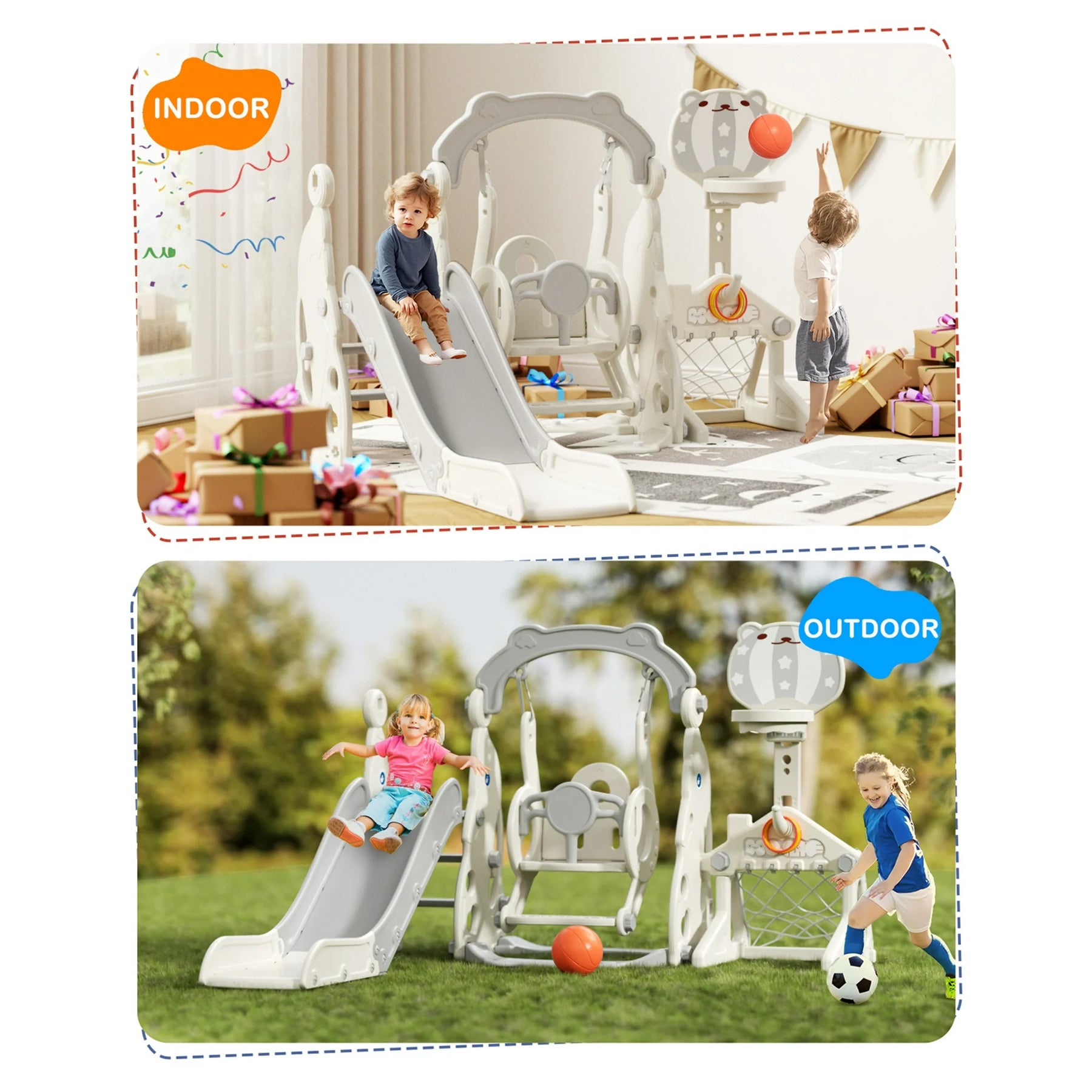 KORIMEFA Toddler Slide, 6 in 1 Toddler Playset - Upgrade with Kids Slide, Swing, Soccer and Ring Toss for Age 1-3, Indoor and Outdoor Playground