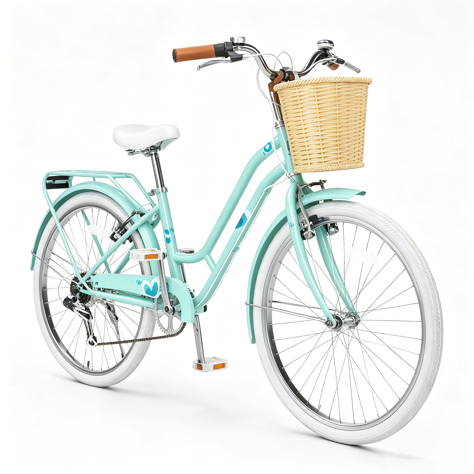 Korimefa 20 Inch Girls Bike, 6-Speed Beach Cruiser Bike for Girls Youth and Over 6 Years Old, Kids Bicycles with Dual V-Brakes Rear Rack & Wicker Basket