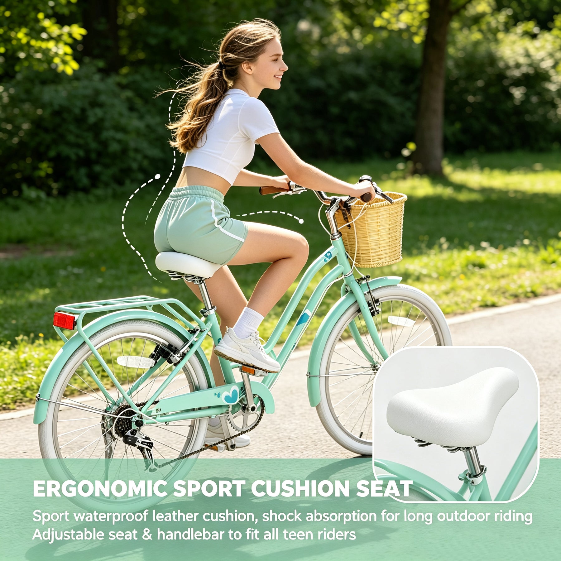 Korimefa 20 Inch Girls Bike, 6-Speed Beach Cruiser Bike for Girls Youth and Over 6 Years Old, Kids Bicycles with Dual V-Brakes Rear Rack & Wicker Basket
