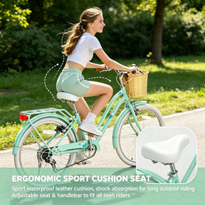 Korimefa 20 Inch Girls Bike, 6-Speed Beach Cruiser Bike for Girls Youth and Over 6 Years Old, Kids Bicycles with Dual V-Brakes Rear Rack & Wicker Basket