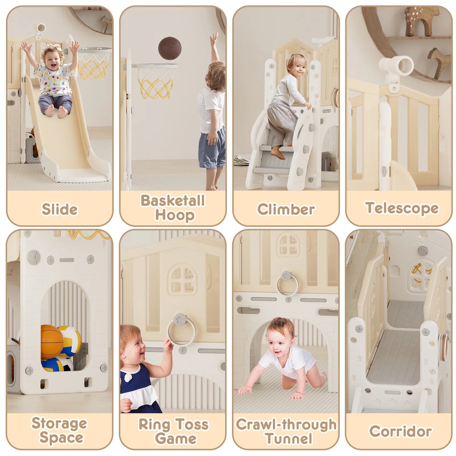 KORIMEFA 8 in 1 Kids Slide Set with Climber, Toddler Climber Slide Play Set with Basketball Hoop, Tunnel, Toddler Playground Outdoor Indoor layground Slide Playset Age 1+