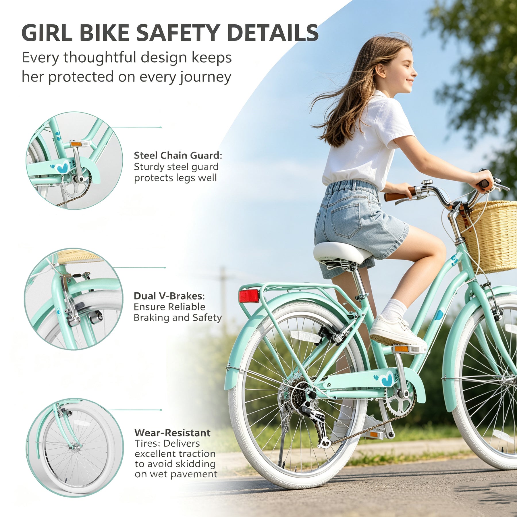 Korimefa 20 Inch Girls Bike, 6-Speed Beach Cruiser Bike for Girls Youth and Over 6 Years Old, Kids Bicycles with Dual V-Brakes Rear Rack & Wicker Basket