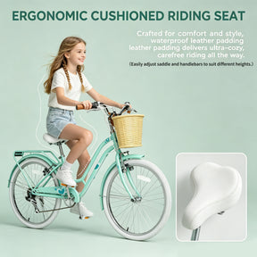 Korimefa 20 Inch Girls Bike, 6-Speed Beach Cruiser Bike for Girls Youth and Over 6 Years Old, Kids Bicycles with Dual V-Brakes Rear Rack & Wicker Basket