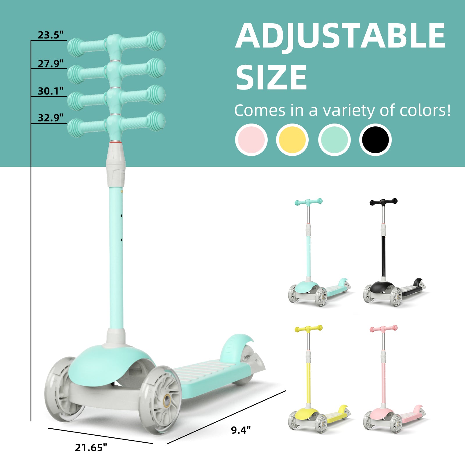 67i Green Kids Kick Scooter, LED Lighted Wheels and 3 Adjustable Height Handlebars, 3 Wheel Scooter for Boys & Girls Ages 3-12