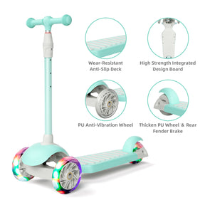67i Green Kids Kick Scooter, LED Lighted Wheels and 3 Adjustable Height Handlebars, 3 Wheel Scooter for Boys & Girls Ages 3-12