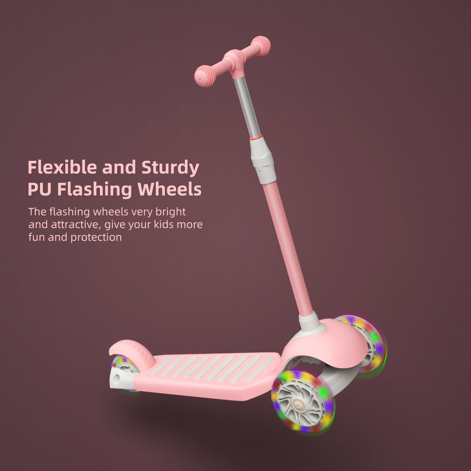 67i Pink Kids Kick Scooter, LED Lighted Wheels and 3 Adjustable Height Handlebars, 3 Wheel Scooter for Boys & Girls Ages 3-12