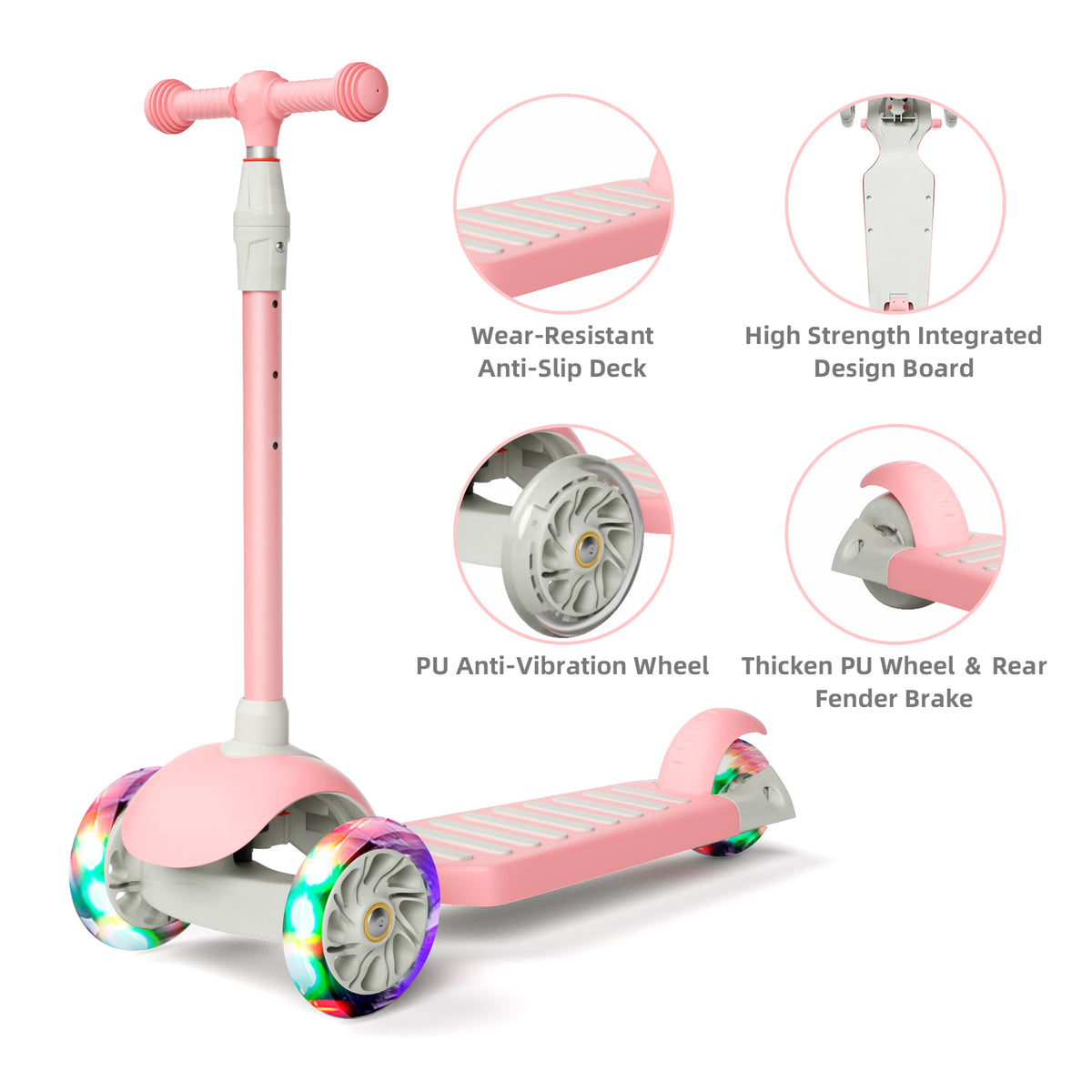 67i Pink Kids Kick Scooter, LED Lighted Wheels and 3 Adjustable Height Handlebars, 3 Wheel Scooter for Boys & Girls Ages 3-12
