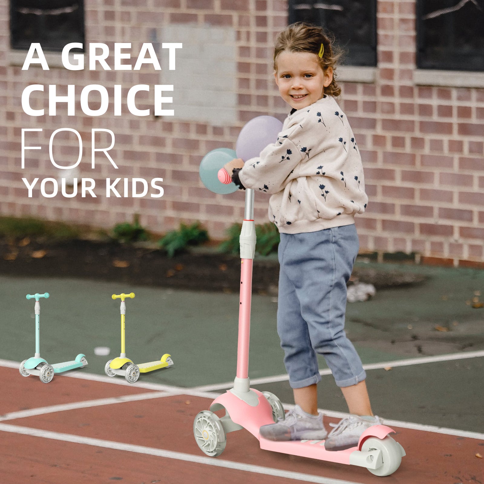 67i Pink Kids Kick Scooter, LED Lighted Wheels and 3 Adjustable Height Handlebars, 3 Wheel Scooter for Boys & Girls Ages 3-12