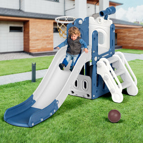 Pre-sale, XJD 5-in-1 Toddler Slide Set in Blue Freestanding Climber Playset for Ages 1-3, Outdoor/Indoor Playset with Basketball Hoop and Ball