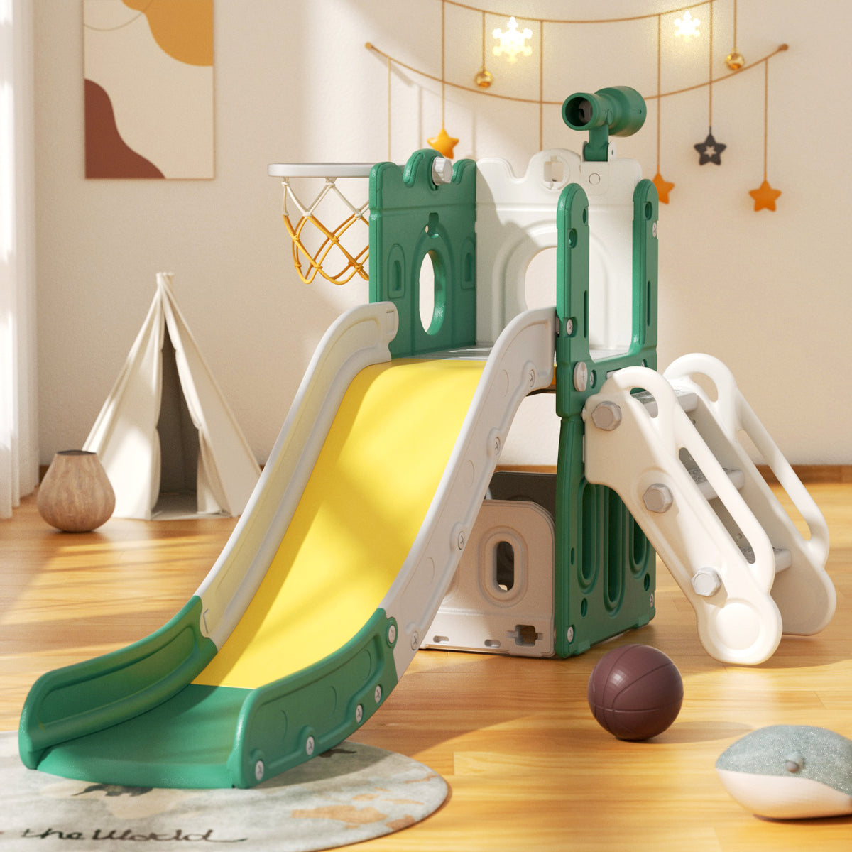 XJD 5-in-1 Toddler Slide Set in Yellow Green Freestanding Climber Playset for Ages 1-3, Outdoor/Indoor Playset with Basketball Hoop and Ball